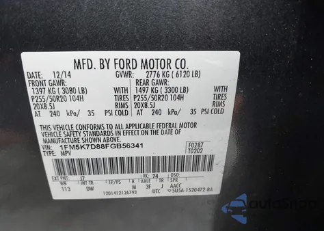 2015 Ford Explorer Xlt из США, поврежденный, VIN 1FM5K7D88FGB56341